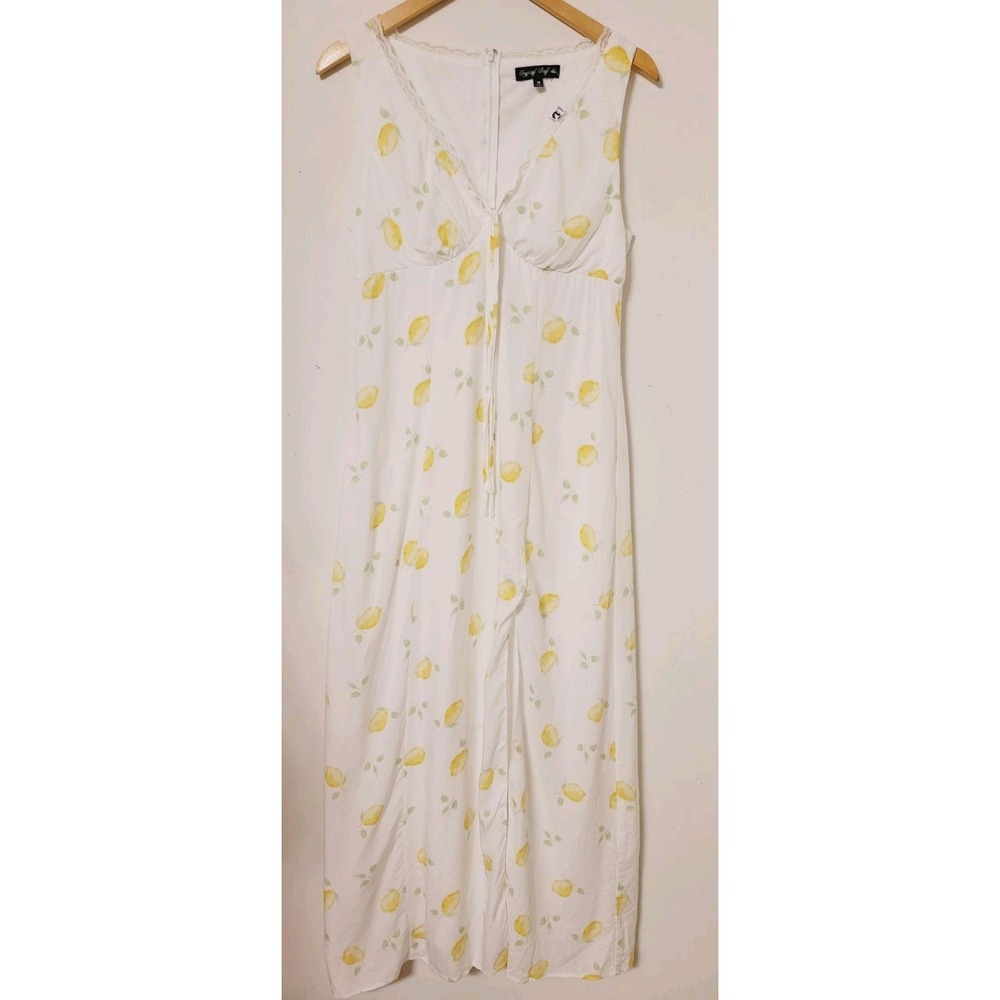 Women's‎ A Line Midi Dress in Limoncello Lemon Print Linen* Lace Size M Coquette